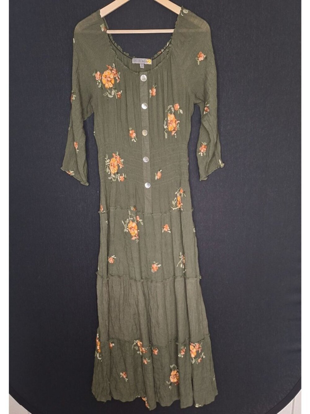 💙 Figueroa & Flower Olive Green Embroidered Size L Floral Boho Maxi Dress Cotta